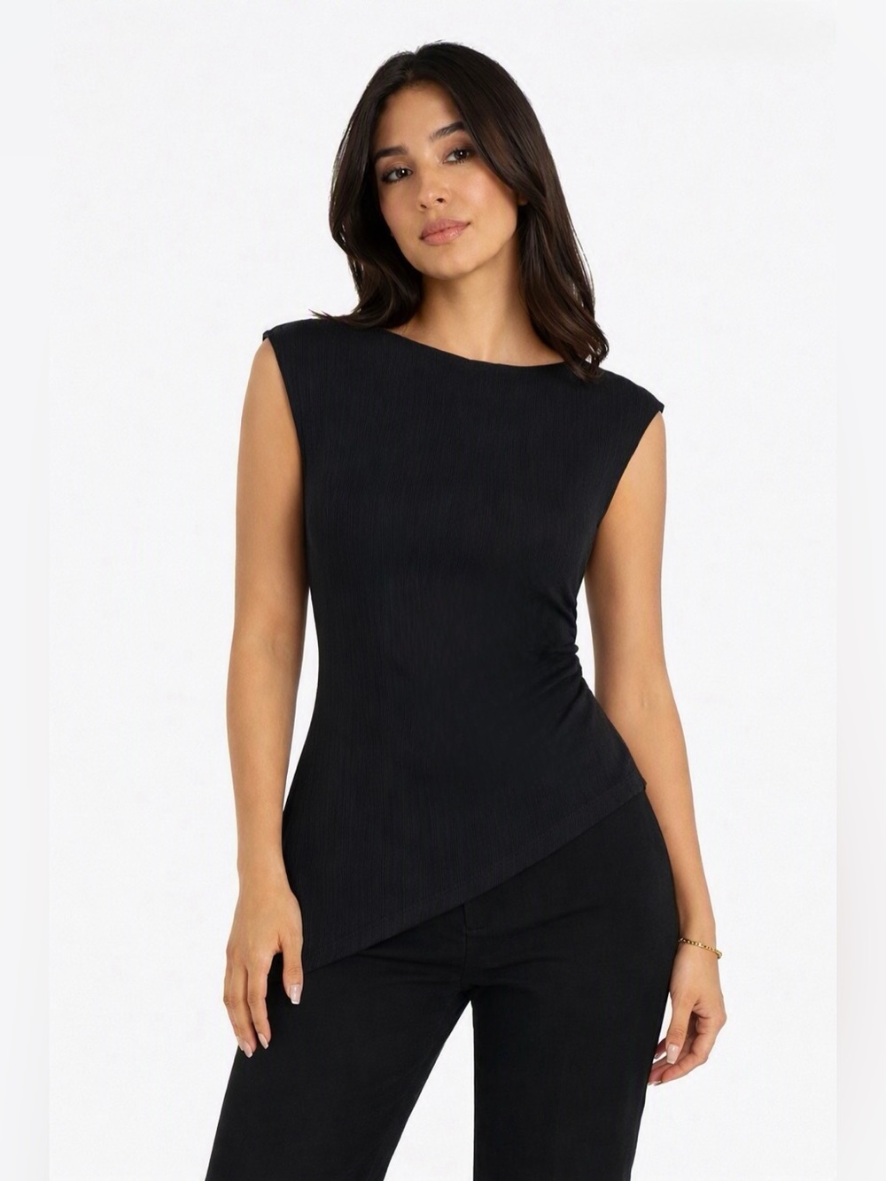 OGL Asymmetrical Black Ribbed Top Size Large
